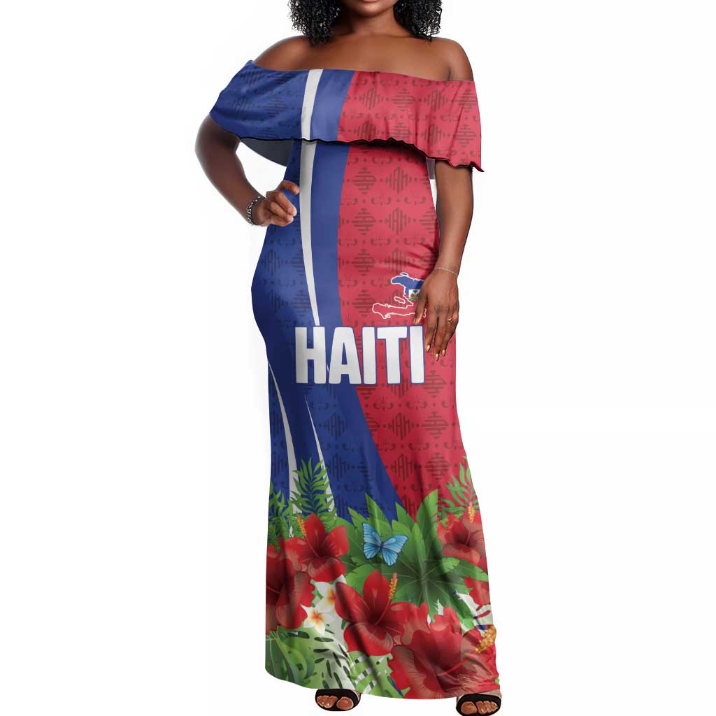 Personalized Afro-Haitians Tropical Off Shoulder Maxi Dress Fleur-De-Lis Veves Motif - African Pride