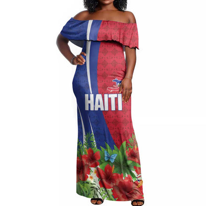 Personalized Afro-Haitians Tropical Off Shoulder Maxi Dress Fleur-De-Lis Veves Motif - African Pride
