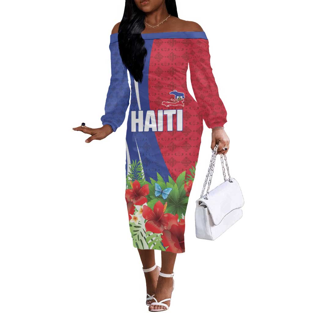 Personalized Afro-Haitians Tropical Off The Shoulder Long Sleeve Dress Fleur-De-Lis Veves Motif - African Pride
