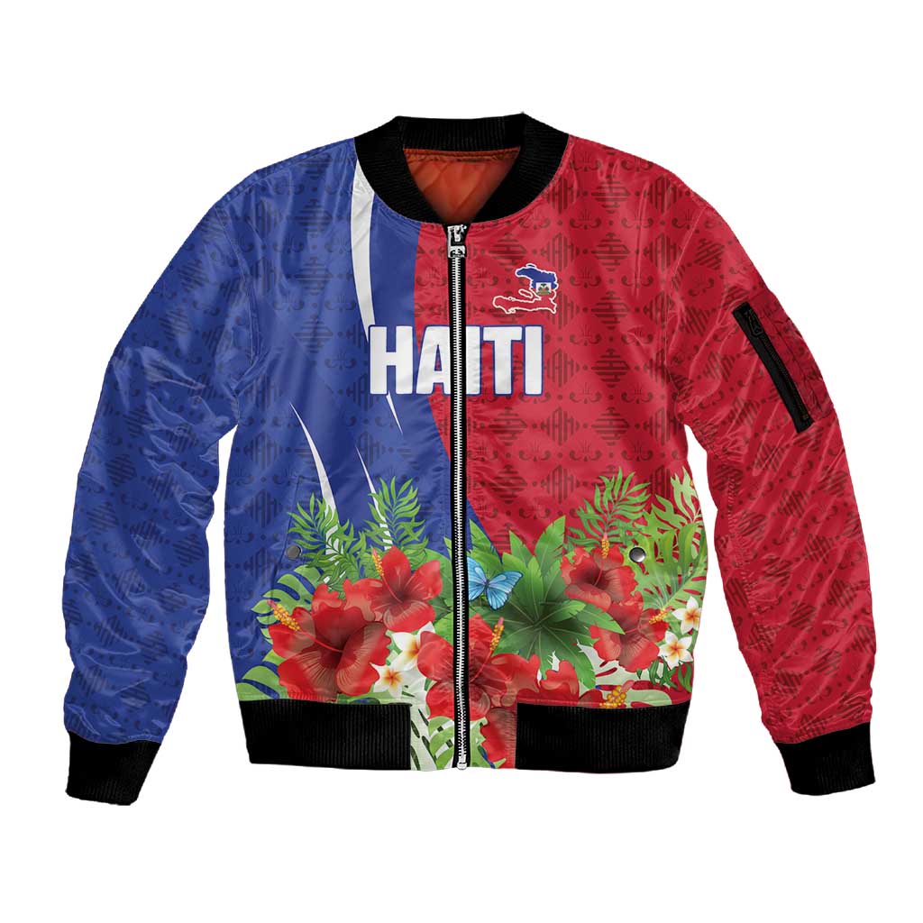 Personalized Afro-Haitians Tropical Sleeve Zip Bomber Jacket Fleur-De-Lis Veves Motif - African Pride