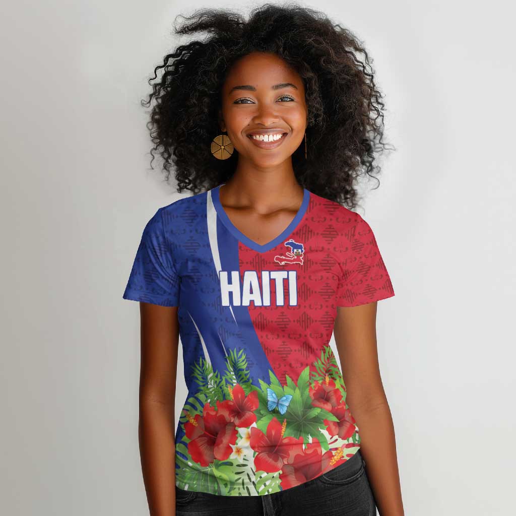 Personalized Afro-Haitians Tropical Women V-Neck T-Shirt Fleur-De-Lis Veves Motif LT18