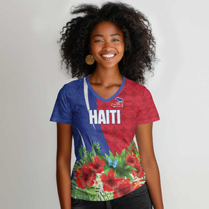 Personalized Afro-Haitians Tropical Women V-Neck T-Shirt Fleur-De-Lis Veves Motif LT18