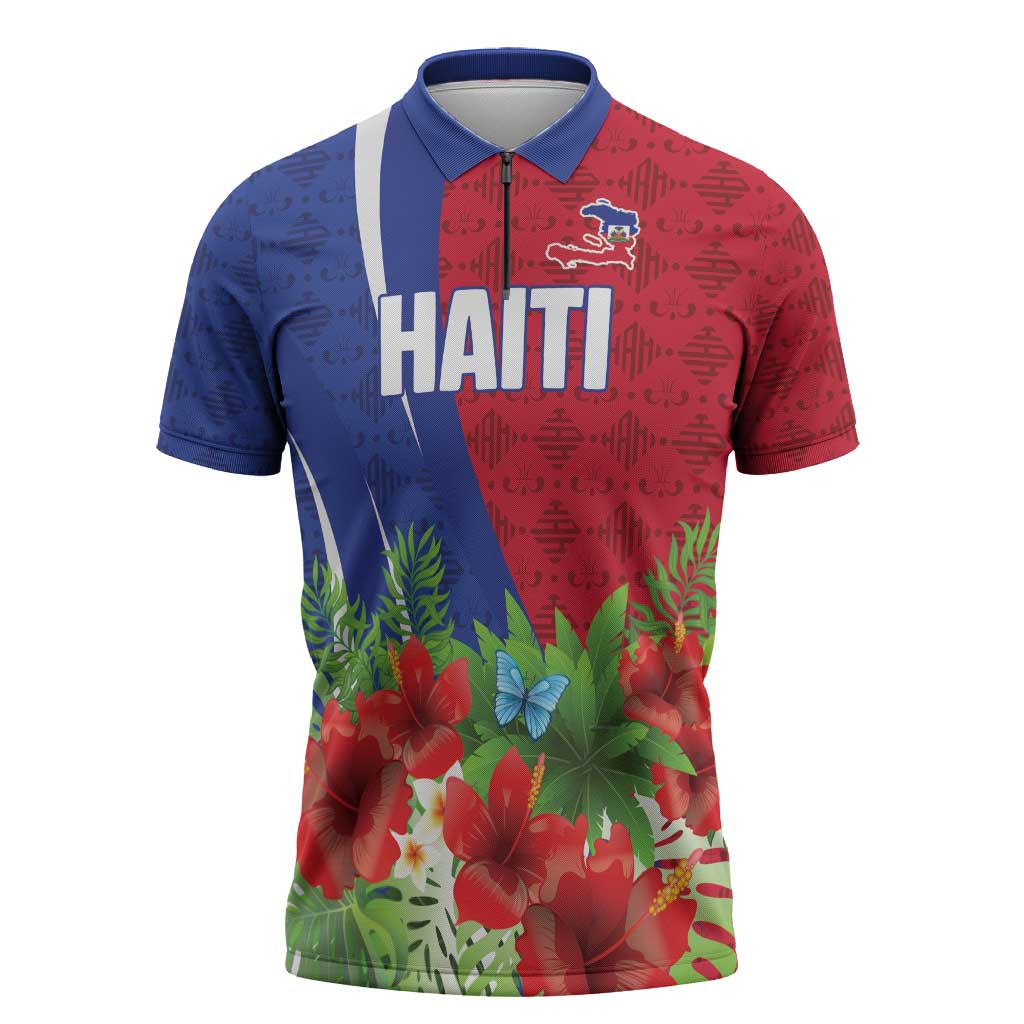 Personalized Afro-Haitians Tropical Zipper Polo Shirt Fleur-De-Lis Veves Motif - African Pride