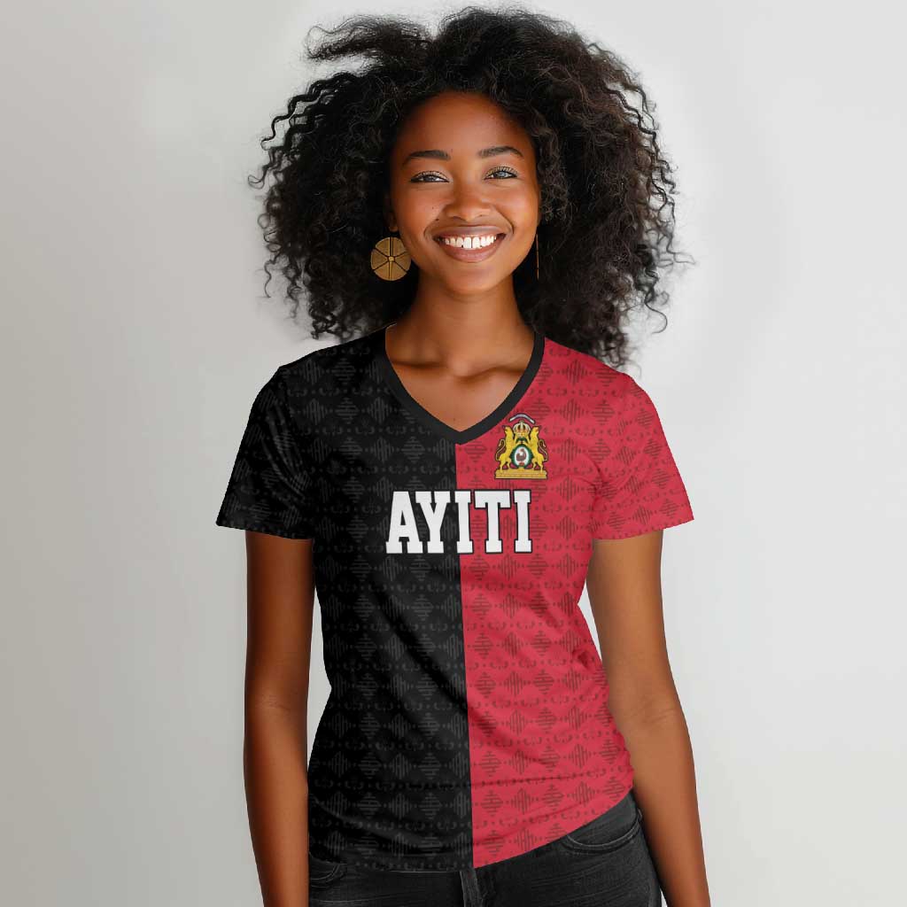 Afro-Haitians Empire of Haiti 1804-1806 Women V-Neck T-Shirt Fleur-De-Lis Veves Motif LT18