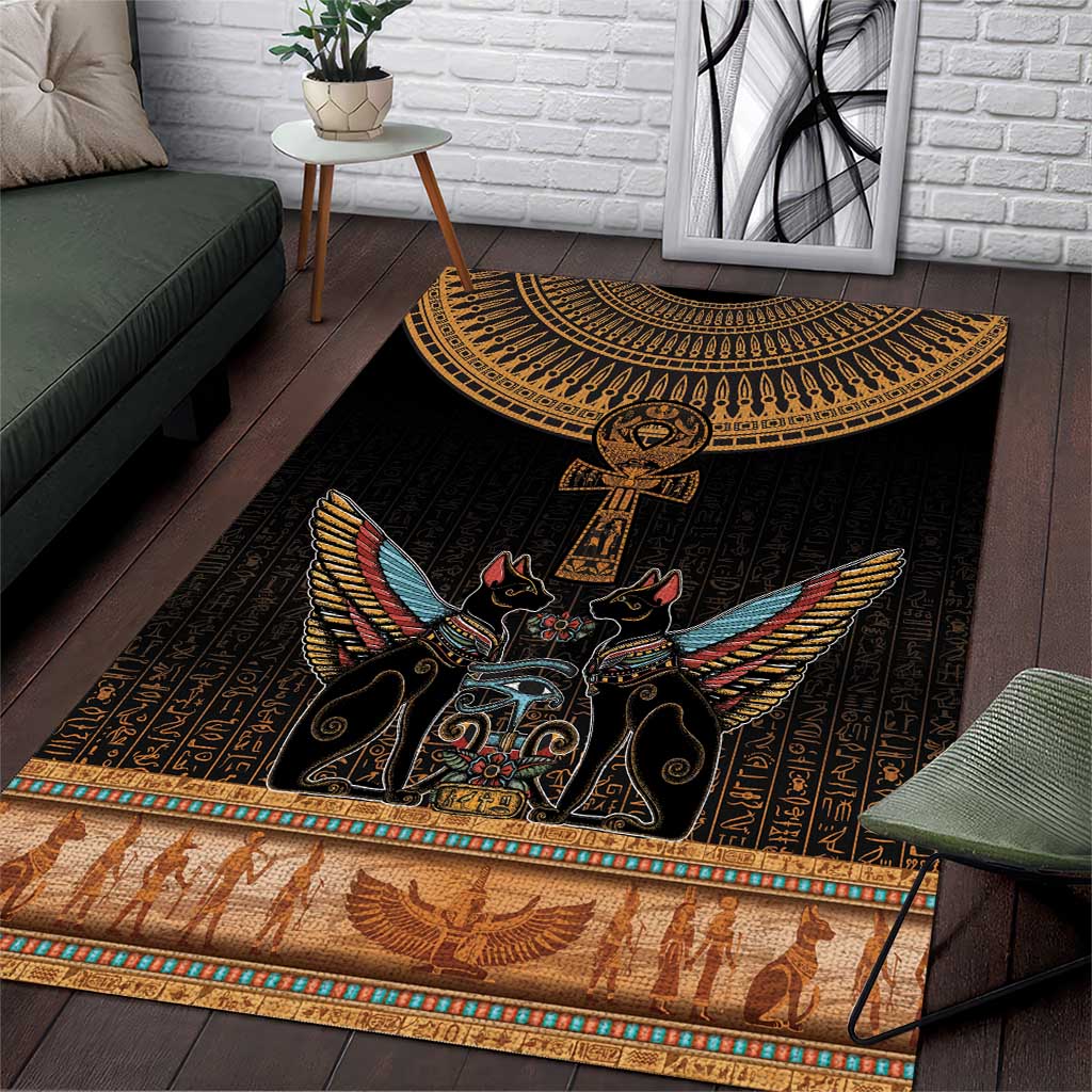 Winged Egypt Cats Area Rug Hieroglyphs Alphabet Pattern