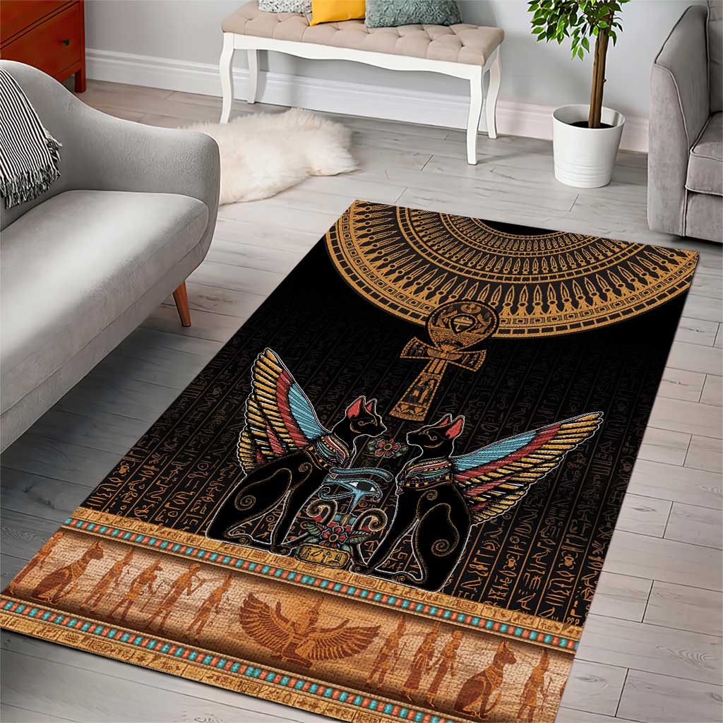 Winged Egypt Cats Area Rug Hieroglyphs Alphabet Pattern
