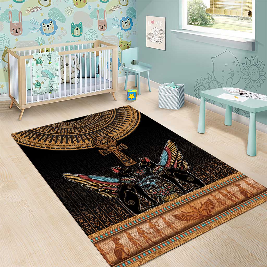 Winged Egypt Cats Area Rug Hieroglyphs Alphabet Pattern