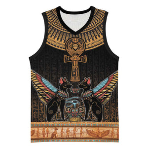 Winged Egypt Cats Basketball Jersey Hieroglyphs Alphabet Pattern - African Pride