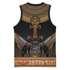 Winged Egypt Cats Basketball Jersey Hieroglyphs Alphabet Pattern - African Pride