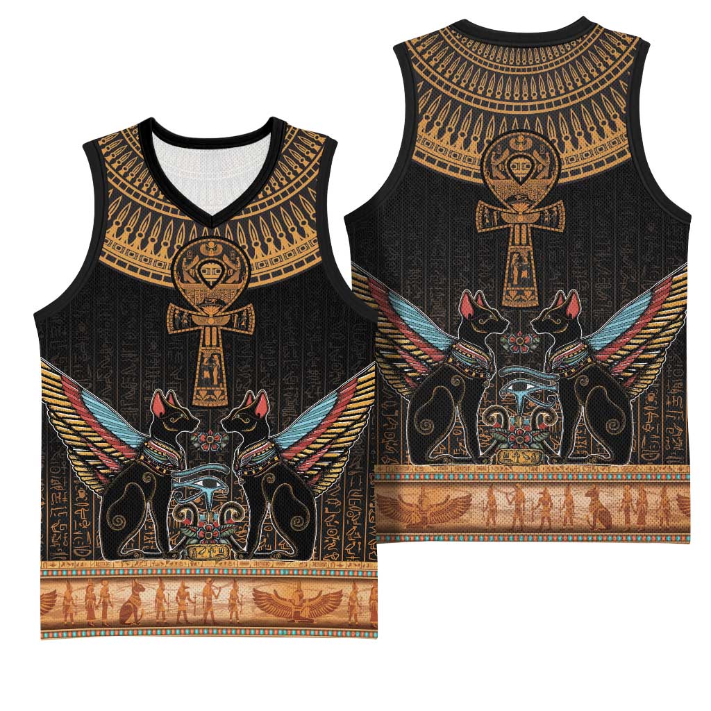 Winged Egypt Cats Basketball Jersey Hieroglyphs Alphabet Pattern - African Pride