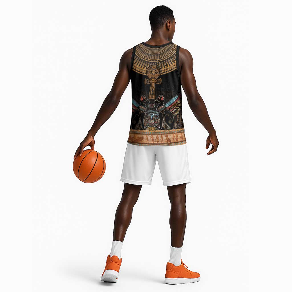 Winged Egypt Cats Basketball Jersey Hieroglyphs Alphabet Pattern - African Pride
