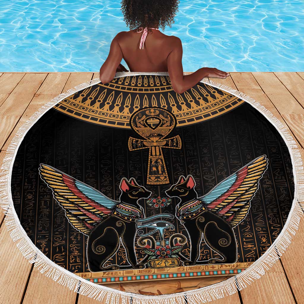 Winged Egypt Cats Beach Blanket Hieroglyphs Alphabet Pattern