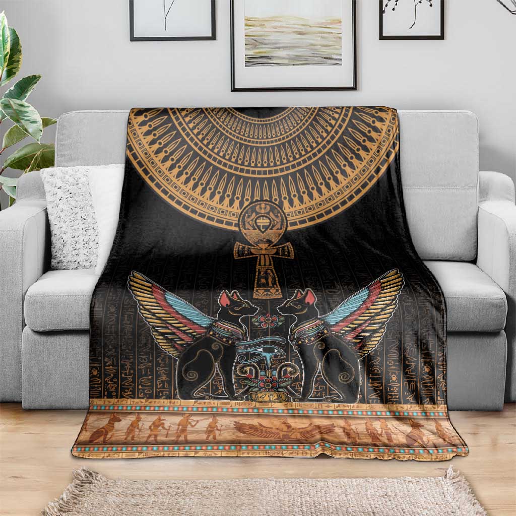 Winged Egypt Cats Blanket Hieroglyphs Alphabet Pattern