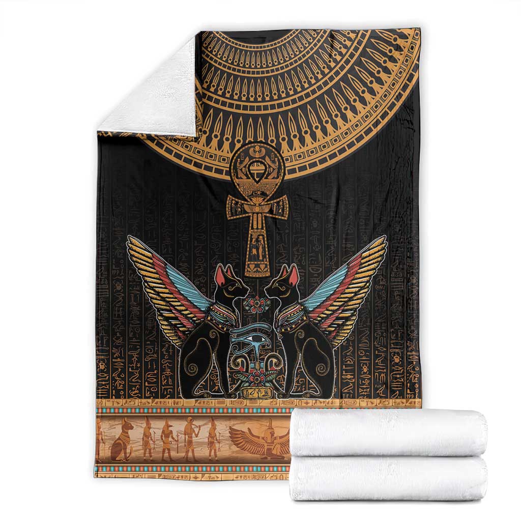 Winged Egypt Cats Blanket Hieroglyphs Alphabet Pattern