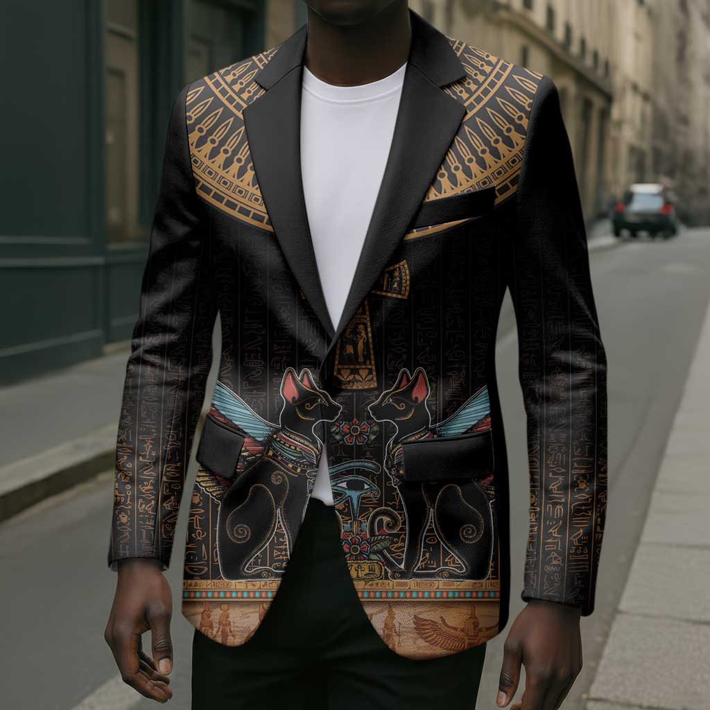 Winged Egypt Cats Blazer Hieroglyphs Alphabet Pattern