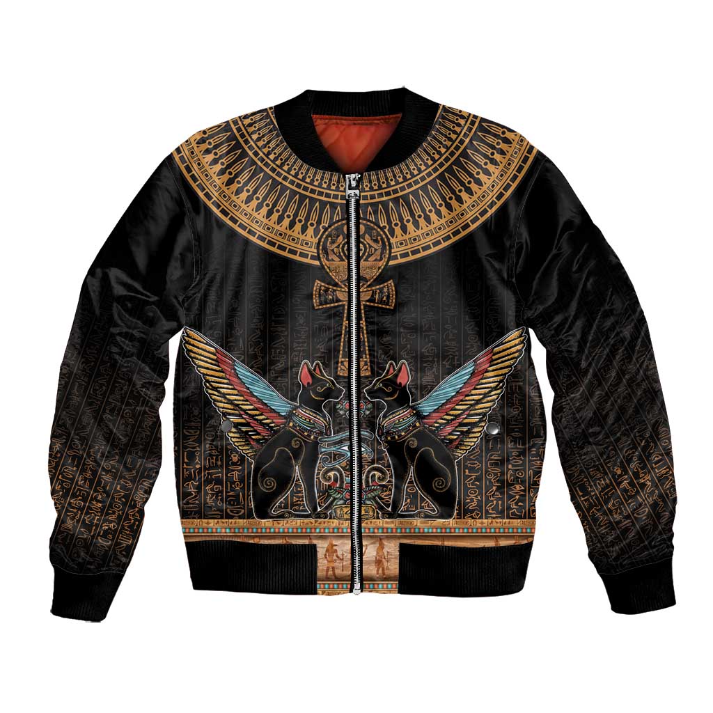 Winged Egypt Cats Bomber Jacket Hieroglyphs Alphabet Pattern