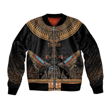 Winged Egypt Cats Bomber Jacket Hieroglyphs Alphabet Pattern