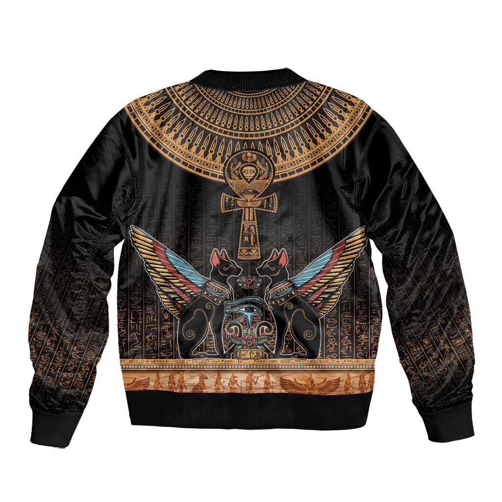 Winged Egypt Cats Bomber Jacket Hieroglyphs Alphabet Pattern