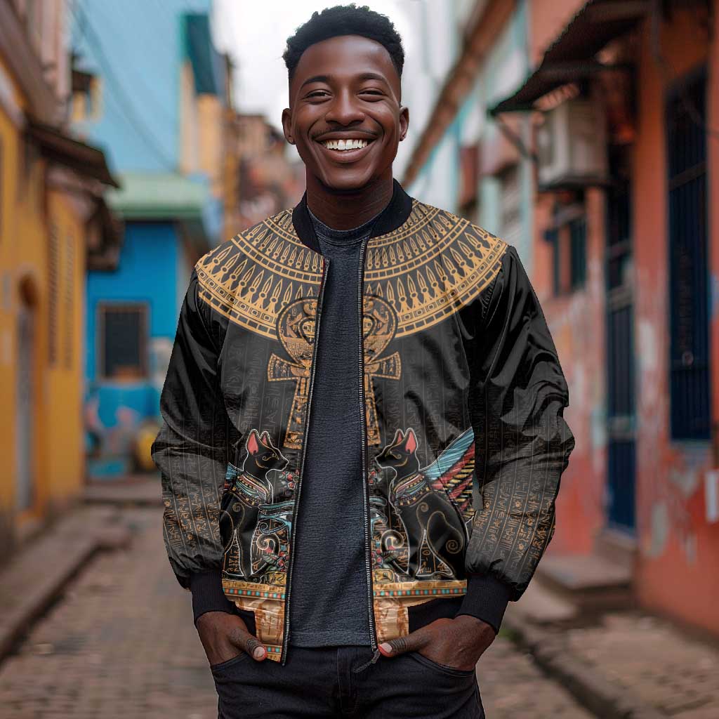 Winged Egypt Cats Bomber Jacket Hieroglyphs Alphabet Pattern