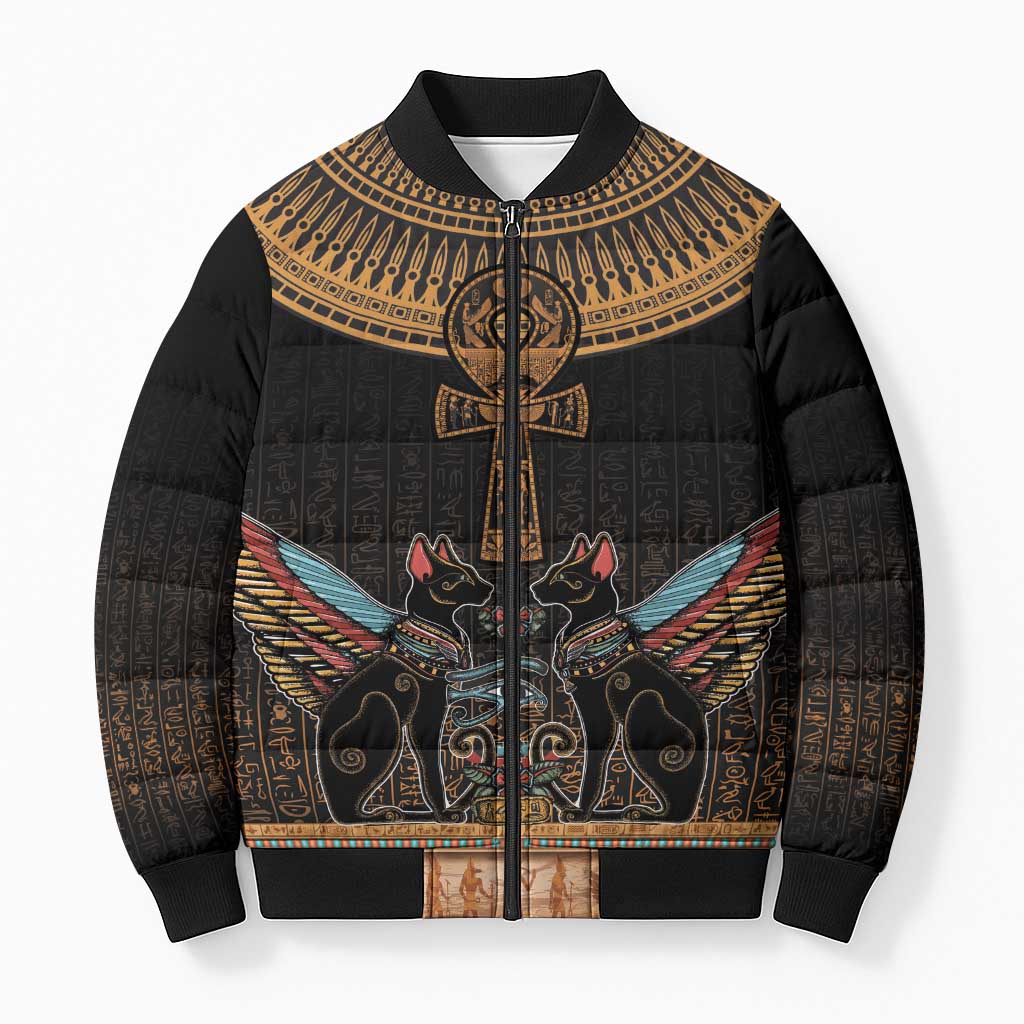 Winged Egypt Cats Bomber Puffer Jacket Hieroglyphs Alphabet Pattern