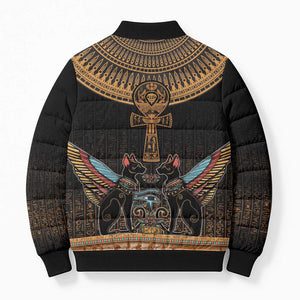 Winged Egypt Cats Bomber Puffer Jacket Hieroglyphs Alphabet Pattern