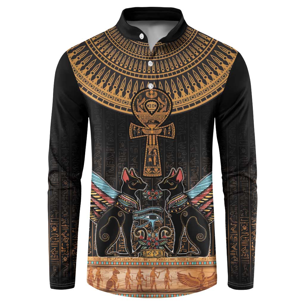 Winged Egypt Cats Button Sweatshirt Hieroglyphs Alphabet Pattern