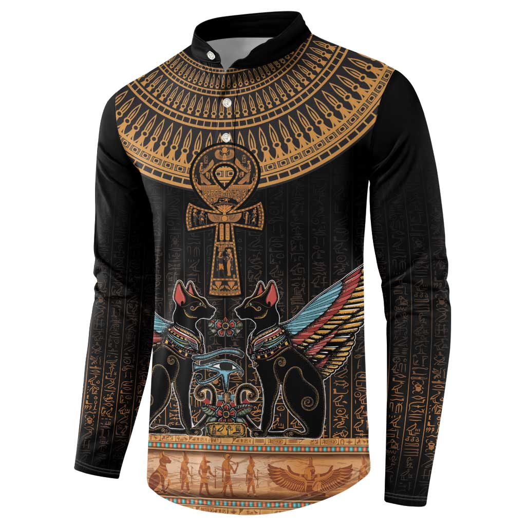 Winged Egypt Cats Button Sweatshirt Hieroglyphs Alphabet Pattern