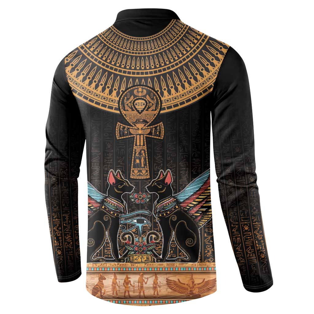 Winged Egypt Cats Button Sweatshirt Hieroglyphs Alphabet Pattern