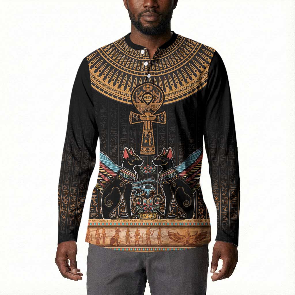 Winged Egypt Cats Button Sweatshirt Hieroglyphs Alphabet Pattern