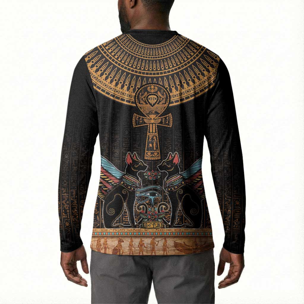 Winged Egypt Cats Button Sweatshirt Hieroglyphs Alphabet Pattern