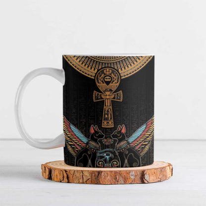 Winged Egypt Cats Ceramic Mug Hieroglyphs Alphabet Pattern