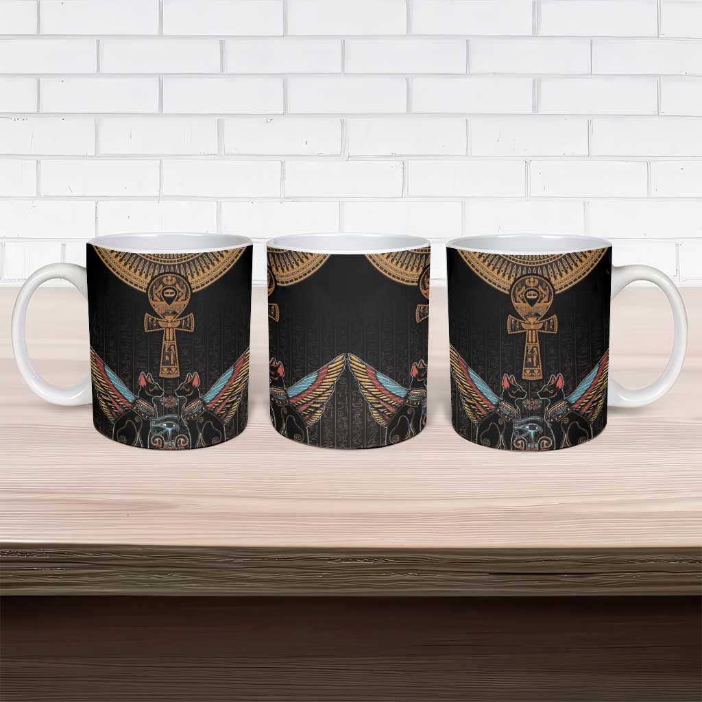 Winged Egypt Cats Ceramic Mug Hieroglyphs Alphabet Pattern