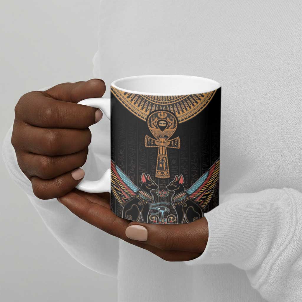 Winged Egypt Cats Ceramic Mug Hieroglyphs Alphabet Pattern