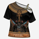 Winged Egypt Cats Cross Shoulder Shirt Hieroglyphs Alphabet Pattern