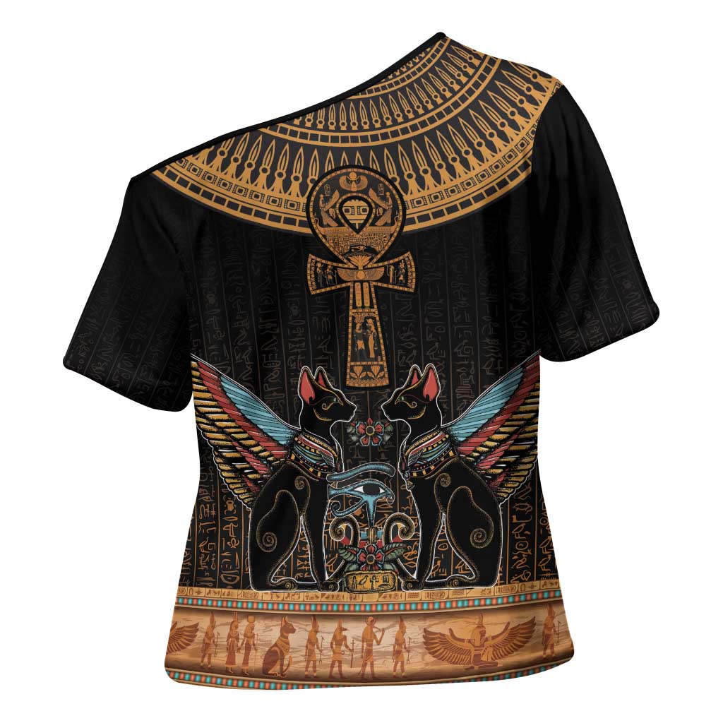 Winged Egypt Cats Cross Shoulder Shirt Hieroglyphs Alphabet Pattern