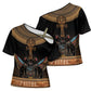 Winged Egypt Cats Cross Shoulder Shirt Hieroglyphs Alphabet Pattern