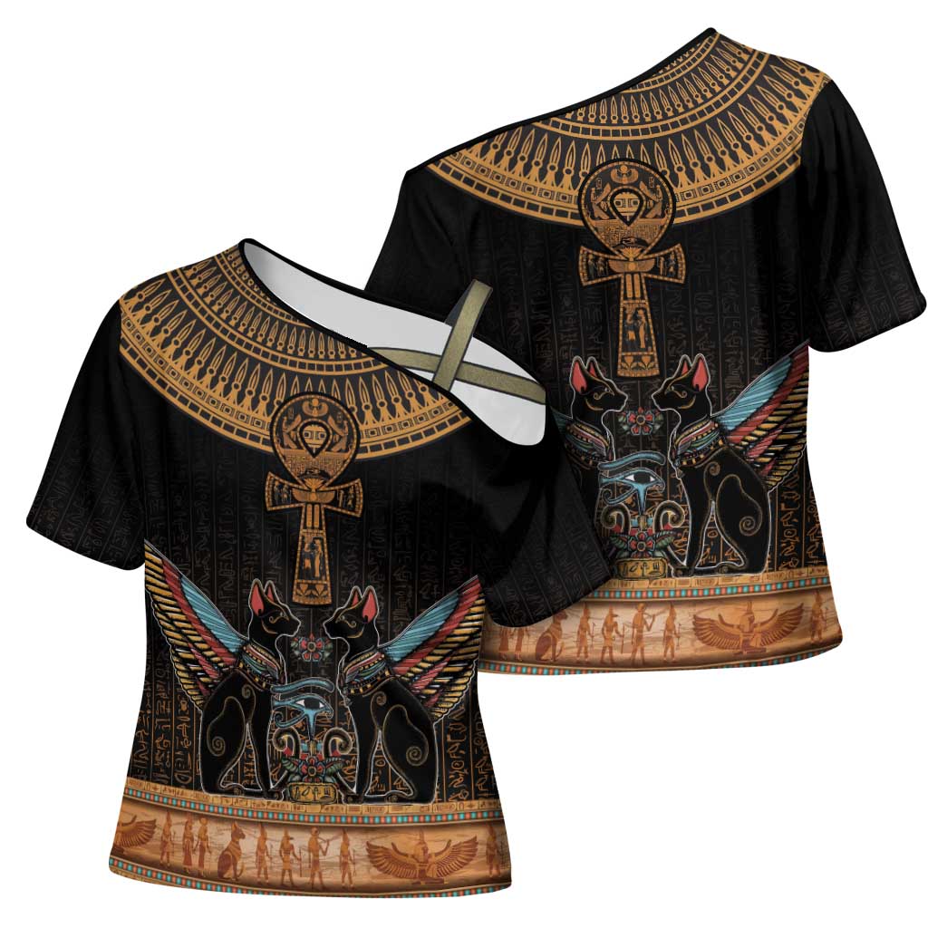 Winged Egypt Cats Cross Shoulder Shirt Hieroglyphs Alphabet Pattern