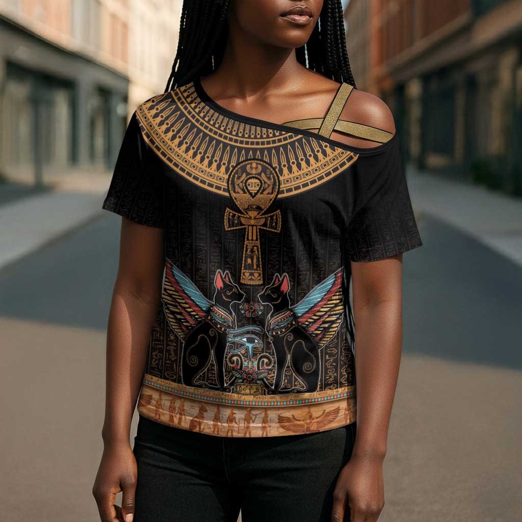 Winged Egypt Cats Cross Shoulder Shirt Hieroglyphs Alphabet Pattern