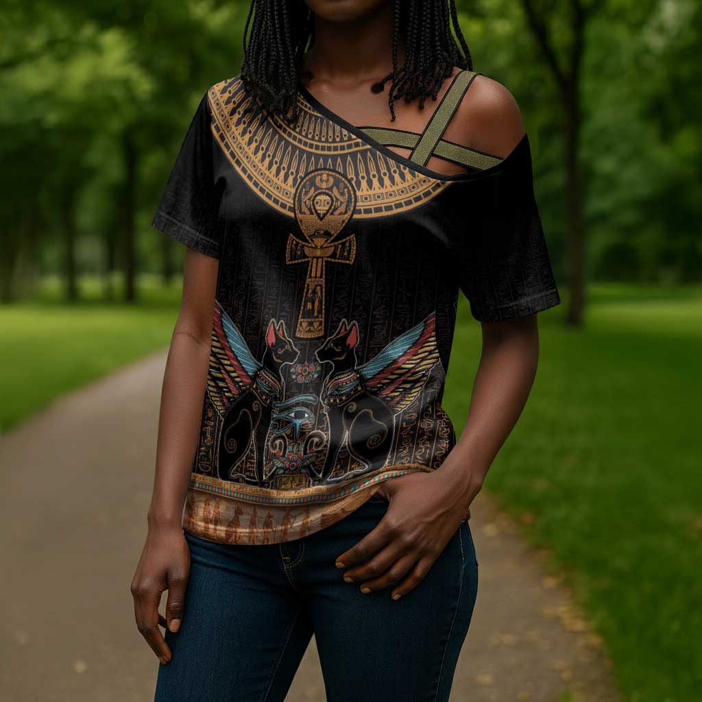 Winged Egypt Cats Cross Shoulder Shirt Hieroglyphs Alphabet Pattern