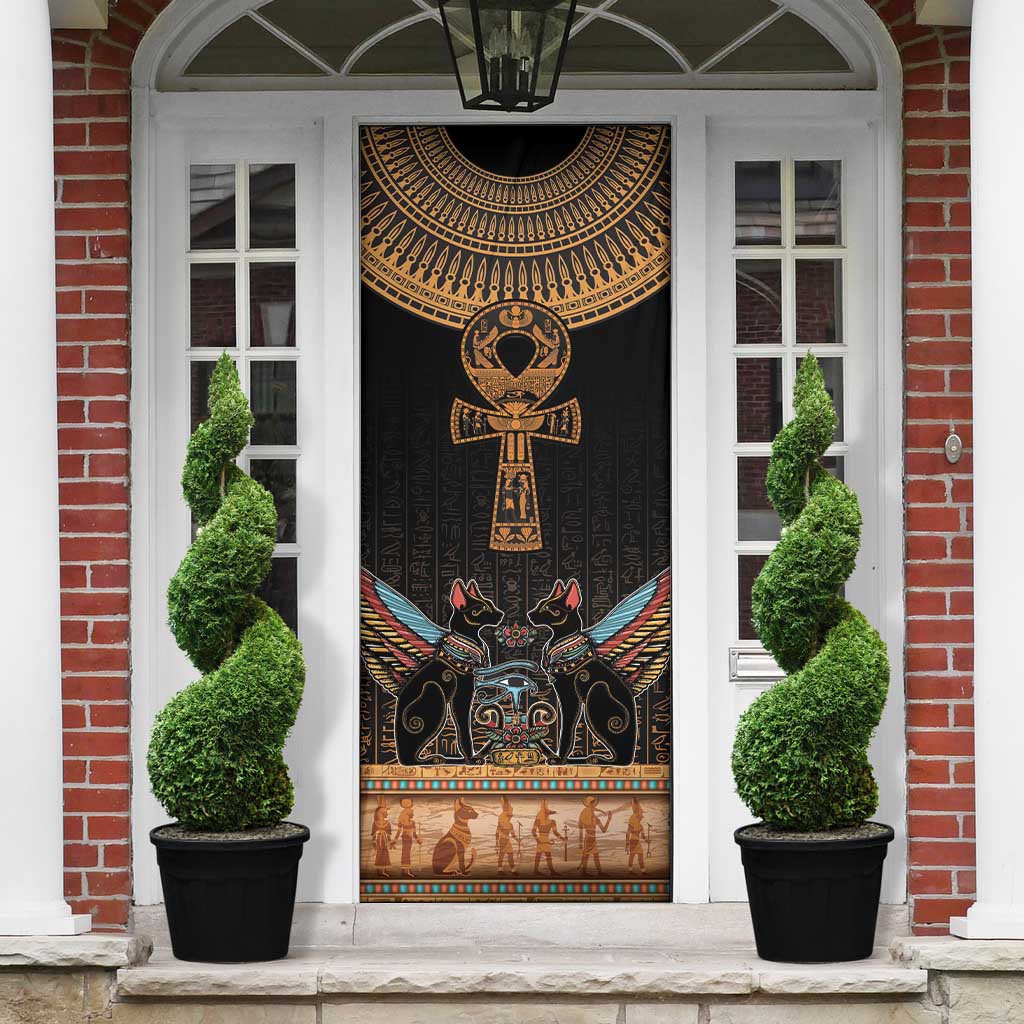 Winged Egypt Cats Door Cover Hieroglyphs Alphabet Pattern