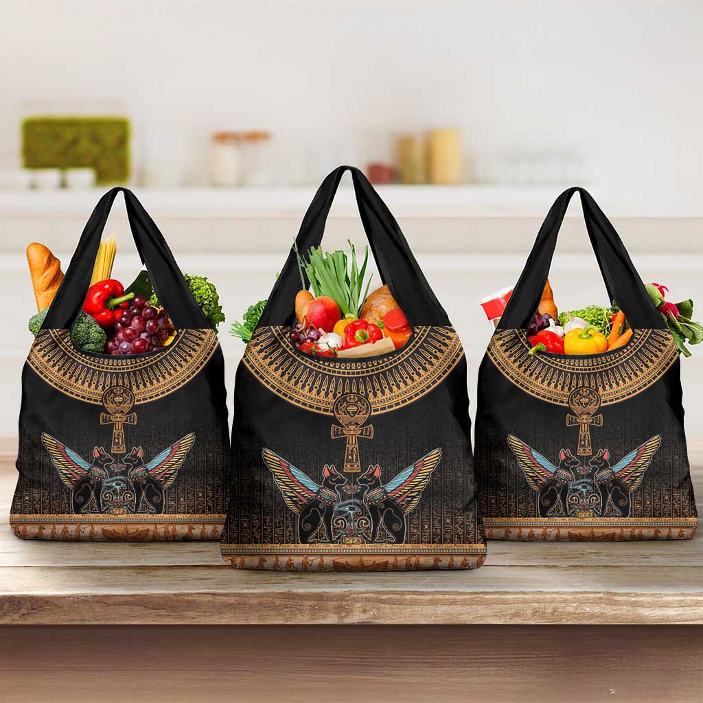 Winged Egypt Cats Grocery Bag Hieroglyphs Alphabet Pattern