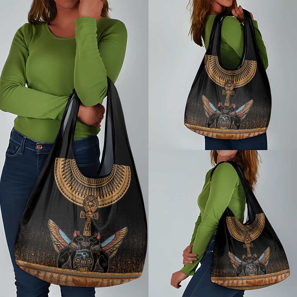 Winged Egypt Cats Grocery Bag Hieroglyphs Alphabet Pattern