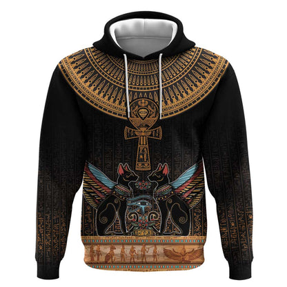 Winged Egypt Cats Hoodie Hieroglyphs Alphabet Pattern