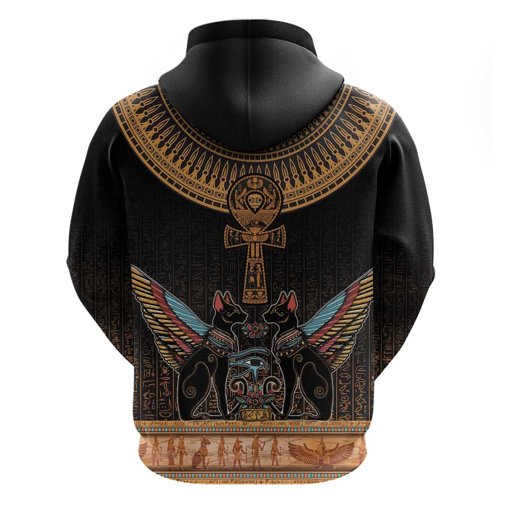 Winged Egypt Cats Hoodie Hieroglyphs Alphabet Pattern