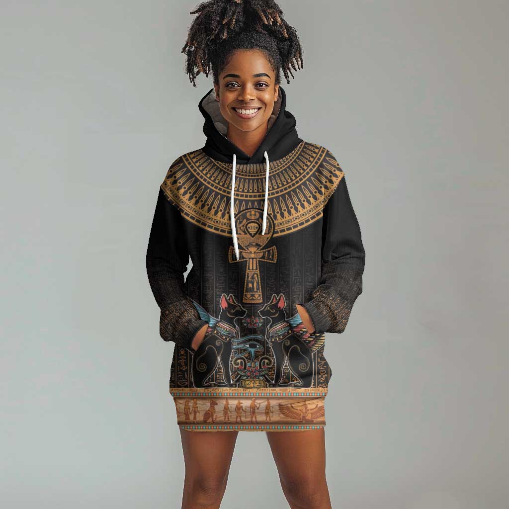 Winged Egypt Cats Hoodie Dress Hieroglyphs Alphabet Pattern