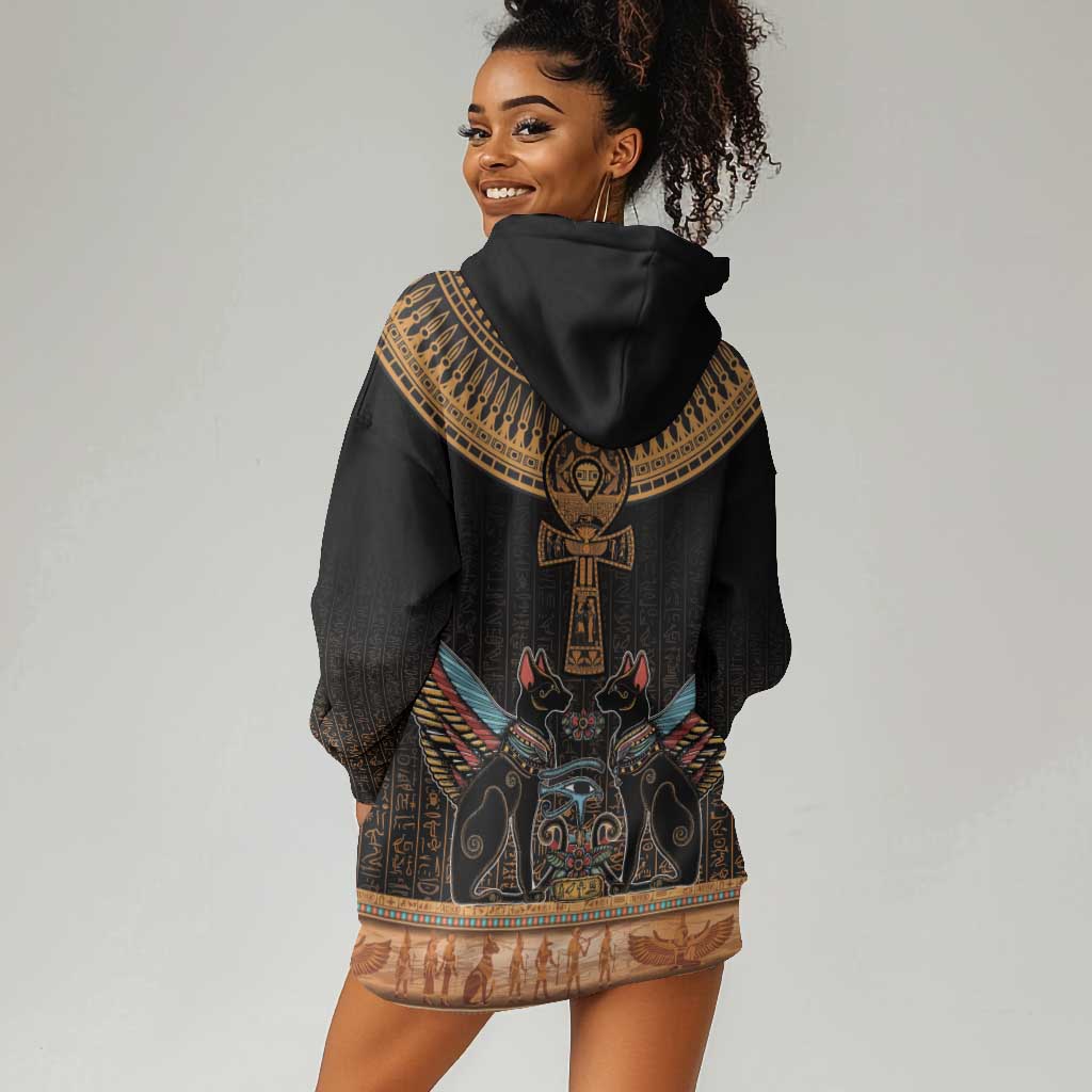 Winged Egypt Cats Hoodie Dress Hieroglyphs Alphabet Pattern