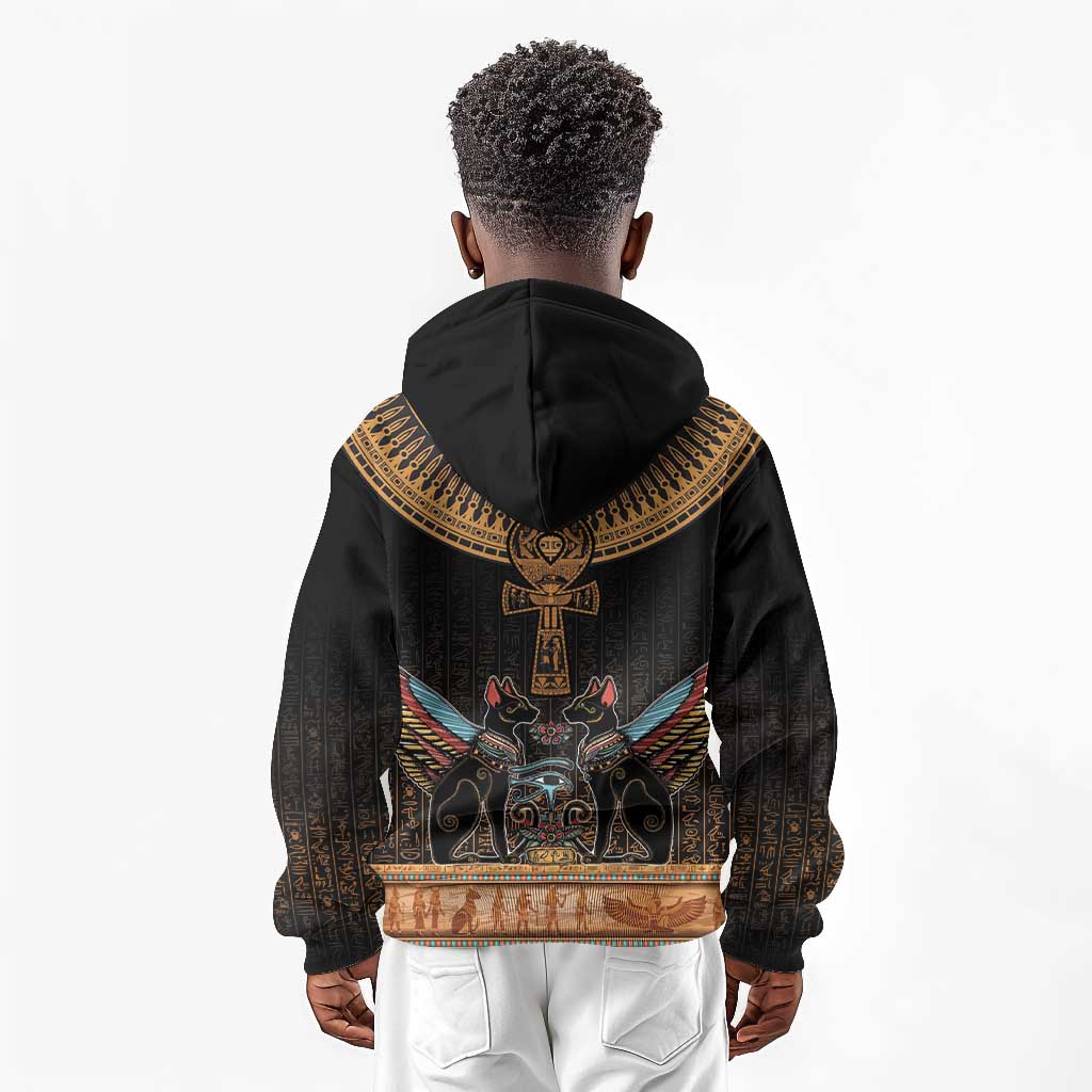 Winged Egypt Cats Kid Hoodie Hieroglyphs Alphabet Pattern