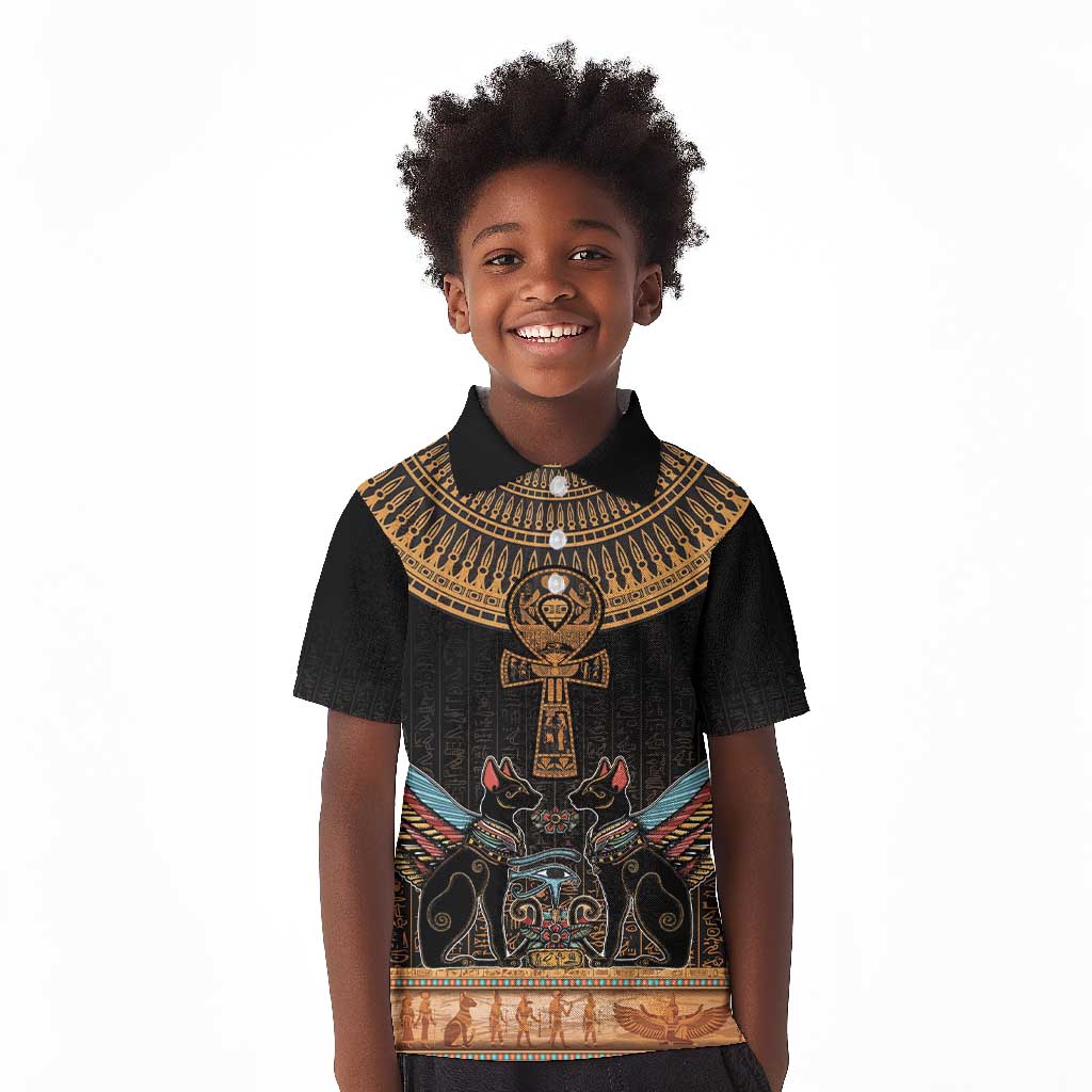 Winged Egypt Cats Kid Polo Shirt Hieroglyphs Alphabet Pattern
