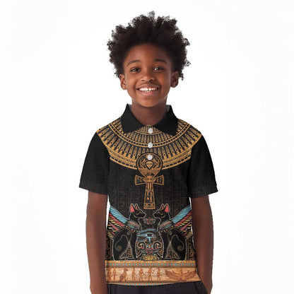 Winged Egypt Cats Kid Polo Shirt Hieroglyphs Alphabet Pattern