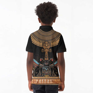 Winged Egypt Cats Kid Polo Shirt Hieroglyphs Alphabet Pattern